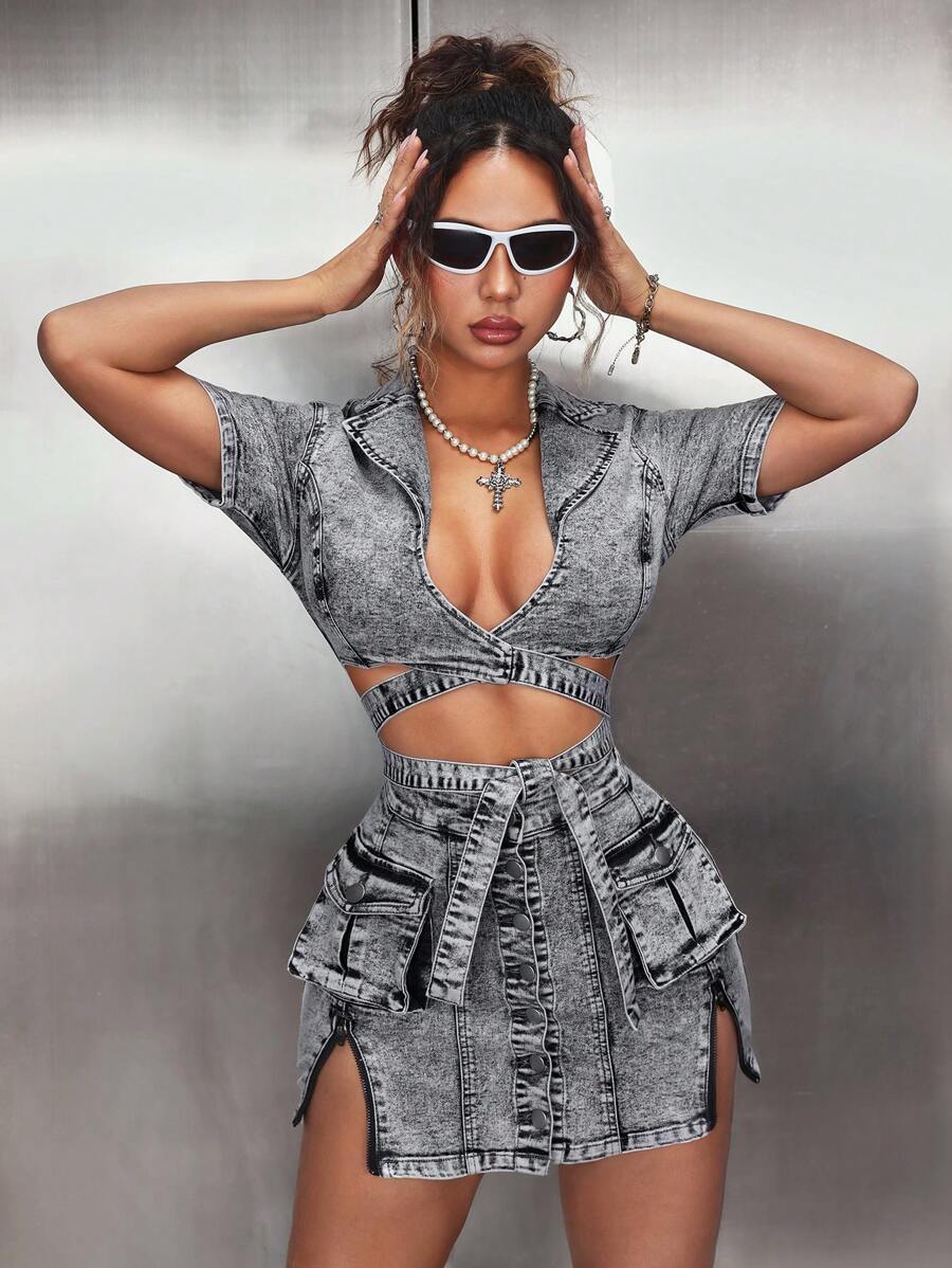 SHEIN PETITE Women's Sexy Distressed Hollow Out Fitted Mini Denim Dress