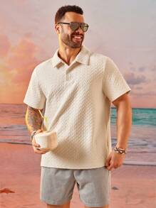 EASEVO Camisa polo de punto de manga corta y corte holgado en color beige para hombres de talla grande