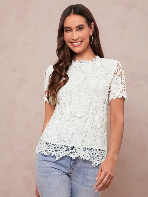 SHEIN Clasi Guipure Lace Mock Neck Blouse