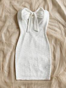 Soleia Vrouwen vakantie gebreide ivoor golvende textuur strikken decor taille gebonden bodycon mini jurk, geschikt voor feest, date, Valentijnsdag, Kerstmis, afternoon tea