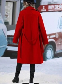 EMERY ROSE Lapel Neck Double Breasted Belted Overcoat For New Year Clothes - Red - View 3