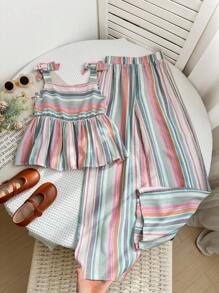 LMoss Kids LMoss 2pcs/Set Tween Girls Woven Striped Ruched Camisole And Loose Casual Pants Set - Multicolor - View 1