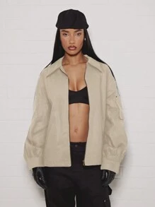 SUMWON WOMEN Premium Utility Shacket Oversized Cotton Blend Workwear Spring Autumn Lightweight Casual Zip-Up Outerwear With StAnd Collar Modern Urban Style