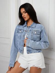 SHEIN PETITE Women Short Single Breasted Casual Denim Jacket, Long Sleeve