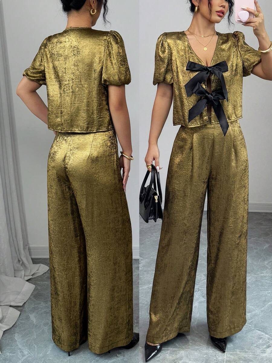 SHEIN Unity Women's Fashionable Everyday Bowknot Puff Sleeve Top And High-Waisted Shiny Pants 2 Pieces Set - Gold - View 1