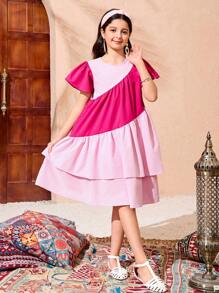 Tween Girl' Casual Adorable Resort Colorblock Layered Cap Sleeve Dress