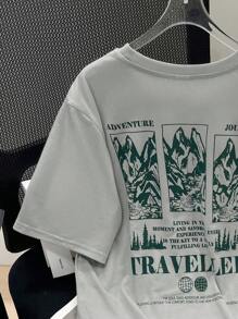 SHEIN Camiseta de manga corta y cuello redondo con estampado de paisaje de montaña y bosque inglés para adolescentes varones de uso casual
