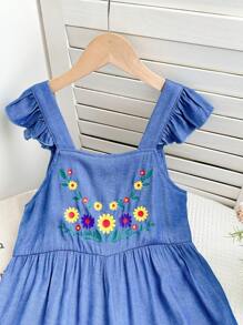 LMoss Kids LMoss Tween Girl Woven Solid Floral Pattern Ruffle Hem Loose Jumpsuit - Blue - View 4