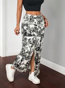 SHEIN Essnce Women's Plant Printed Long Casual Denim Skirt - Multicolor - View 5