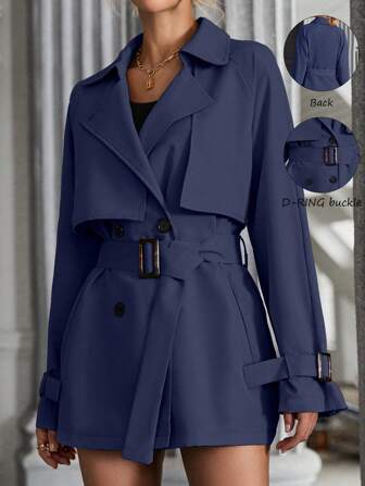 EMERY ROSE Lapel Neck Raglan Sleeve Double Breasted Buckle Belted Trench Coat Fall Winter Cloth For Women