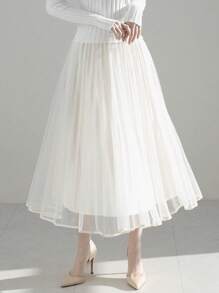 DAZY 女士网纱半身裙，纯色简约设计，休闲日常款 - 米色 - 查看 5