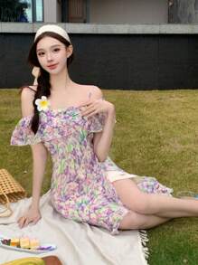 DAZY Vestido de verano de tirantes caídos con volantes y estampado floral pequeño para vacaciones informales, vestido de cuello barco tipo corset para el sol