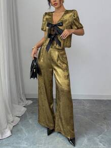 SHEIN Unity Women's Fashionable Everyday Bowknot Puff Sleeve Top And High-Waisted Shiny Pants 2 Pieces Set - Gold - View 5
