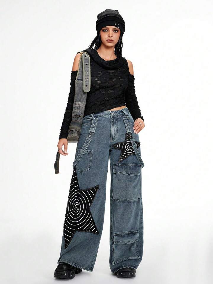 【Anyone more】Era Star Patch Washing Damage Wide Pants 32683236_hi