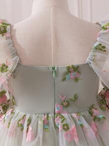 SHEIN Young Girl Net Embroidered Square Neck Puff Sleeve Elegant Dress,Suitable For Homecoming, Birthday, Party, Flower Girl Dress,Princess Dress - Green - View 3