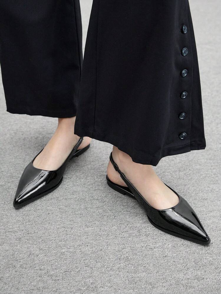CUCCOO BIZCHIC Basic Simple Solid Pointed Toe Flats Commuter Shoes, Black Glossy PU For Women, Workplace Spring Shoes Spring Break Easter For Christmas Spring Shoes