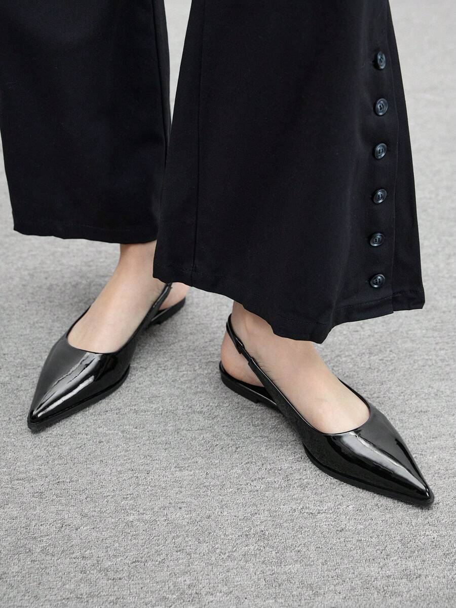 CUCCOO BIZCHIC Giày bệt mũi nhọn trơn đơn giản cơ bản đi làm, màu đen bóng PU dành cho nữ, đi làm - màu đen - Xem 1