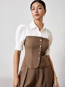 EastFlair Chemise décontractée pour femmes à manches bouffantes courtes, style patchwork, boutonnage simple, printemps/été - Multicolore - Voir 7