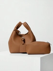 Lässige, einfache und modische Schultertasche/Umhängetasche/Handtasche aus PU-Leder mit Innentasche - Braun - Übersicht 4