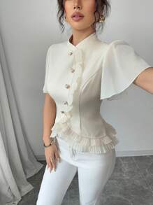Elenzga Blusa informal de color liso para mujer
