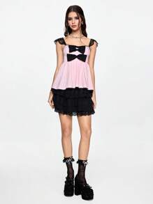 ROMWE Kawaii Women Vintage Romantic Valentine's Day Cute Doll Design Color Block Contrast Lace Babydoll Tank Top - Pink - View 4