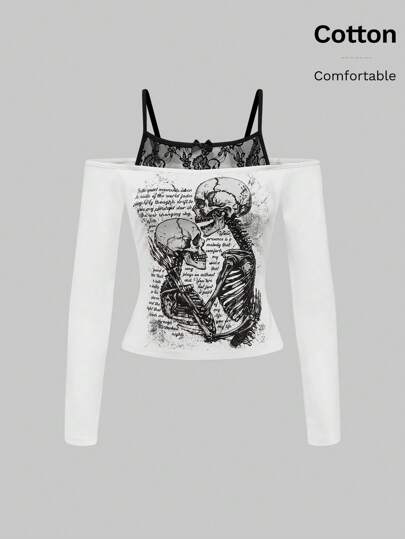 Goth Camiseta de manga larga ajustada con estampado gráfico de abrazos de esqueleto, patchwork de encaje en estilo vintage Y2K para mujer