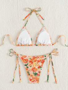 SHEIN Swim Strandoutfit für Damen 2-teilig, Sommer Zufallsdruck Trapez Bikini-Top und Bikinihose mit Seitenbindung Bademode-Set