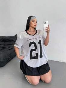 POPSWAY Camiseta casual de mujer de talla grande con estampado de letras y números, cuello en V, para el verano