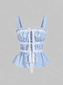 SHEIN MOD 女士蓝色格子系带吊带背心、可爱春季背心、夏季上衣