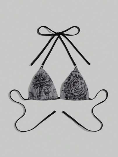 Grunge Punk Women's Sexy Style Floral Cross Printed Halter Top For Summer, School Graphic Tees Women Tops