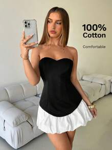 Aloruh Vestido mini de tubo ajustado en contraste blanco y negro con escote corazón sexy para mujer