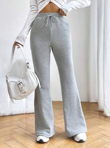 SHEIN Unity Drawstring Waist Flare Leg Sweatpants - Grey - View 5