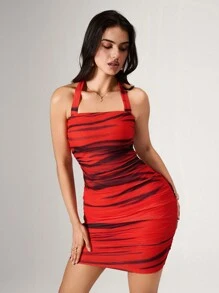 Zolique Vestido halter de mujer ajustado con pliegues a rayas