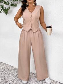 SHEIN Frenchy Women Plus Size Vest & Pants Set, Fashion Casual Spring/Summer New Textured 2 Pieces Set In Apricot