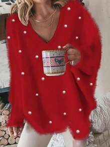 Damen Lässig Pullover mit Perlen Dekor, Herbst/Winter