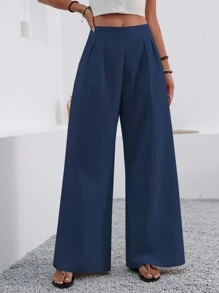 EMERY ROSE Solid Color Wide Leg Pants With Pockets, Casual Fall Cloth For Women - Royal Blue - View 7