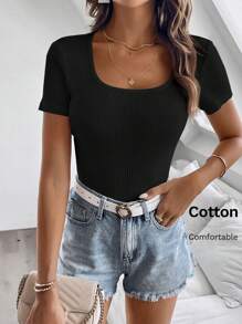 SHEIN Clasi Solid Scoop Neck Ribbed Knit Tee - Black - View 1