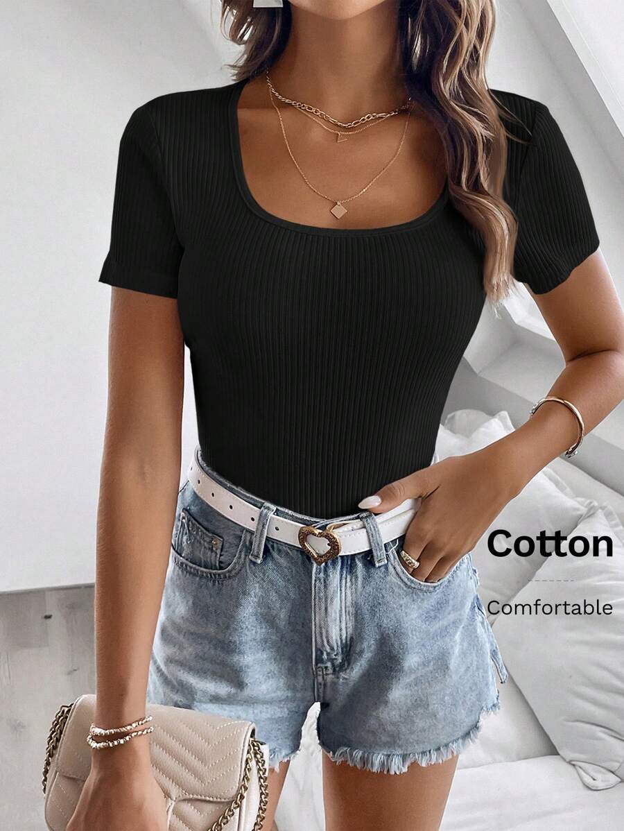 SHEIN Clasi Solid Scoop Neck Ribbed Knit Tee - Black - View 1