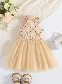 SHEIN Vestido de malla sin mangas con estampado de moño para niña bebé