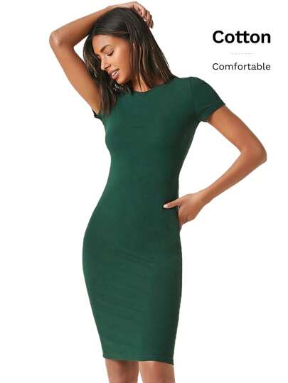 SHEIN BASICS Vestido de Body ceñido casual con cuello redondo y mangas cortas de color liso