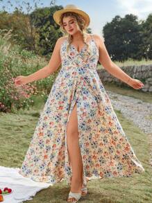 SHEIN VCAY Plus Size Boho Floral Print Slip Dress With Side Slit Hem, For Summer