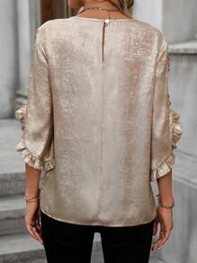 SHEIN Clasi Ruffle Sleeve Glossy Fabric Casual/Office Shirt,Ladies Elegant Ruffle Three Quarter Length Sleeve Round Neck Regular Fit Regular Gold Petal Sleeve Top Women Blouses,Spring/Summer,Casual Daily Wear For New Year Holiday Party Clothes - Gold - View 2