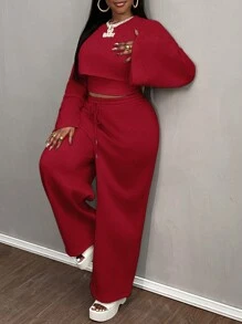 Slaydiva 2024 New Basic Casual 3pcs Set: Solid Color Long Sleeve Crop Top, Spaghetti Strap Camisole, Wide Leg Pants, Plus Size