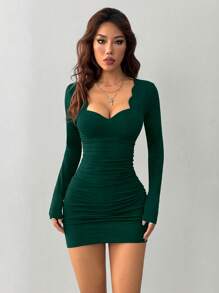 INAWLY Đầm mini tay dài cổ bèo nhún gợi cảm thanh lịch cho nữ, mùa thu/đông - màu xanh lá - Xem 3
