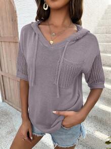 SHEIN LUNE Suéter de punto con capucha hueca de manga corta y hombros caídos de unicolor para mujer
