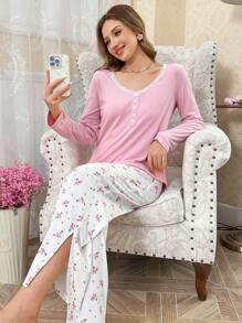 CottageSlumber Lace Patchwork Collar Decor Button Down Romantic Ditsy Floral Pajama Set For Girls