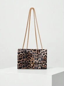 A Retro Fashion Leopard Print Mini Square Bag With Flap Opening, Metal Double Chain Shoulder Bag, Adjustable To Crossbody Bag, Suitable For Women's Daily And Students' Casual Use, Leopard Print Bag