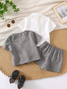 SHEIN Leap Crew 3pcs Baby Boy Solid Color Jacket With Bow Tie Collar Short Sleeve Shirt And Elastic Waist Shorts Set, Suitable For Birthday Party, Baptism, 1st Birthday Celebration, Formal Occasions, Performances, Weddings, Baby Showers - Grey - View 2