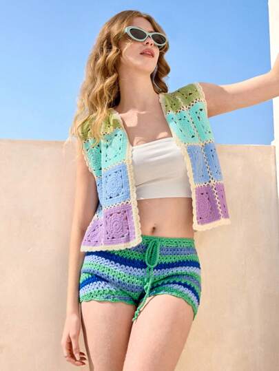 Skyraze Chaleco de punto holgado, informal y calado con estampado floral para mujer