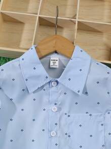Young Boy New Spring/Summer Casual Cartoon Print Button Down Short Sleeve Shirt, Fits Ages 4-7 - Blue - View 8